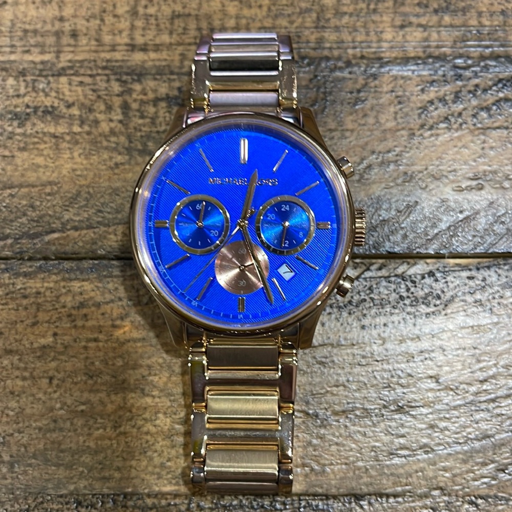 Michael Kors Chronograph Blue Dial Rose Gold-Tone Womens Watch MK5911